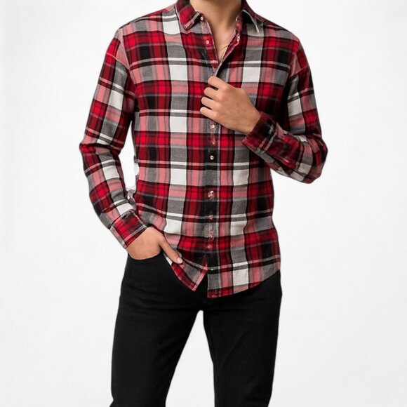Zara Men's Checkered Plaid White Red Black Button Down Front Shirt Size M - Picture 1 of 6